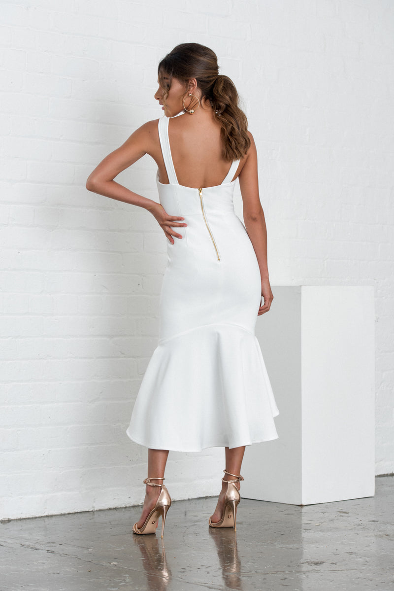 back view exposed zip white fitted fishtail flare hem midi dress special occasion bride to be hen party dress