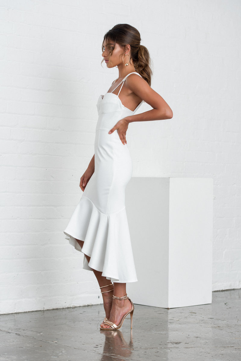 side view white dress with cups and fishtail flare hem and double straps