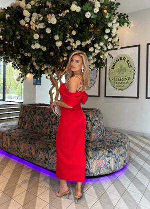 MARILYN PEARL BOW DRESS - RED