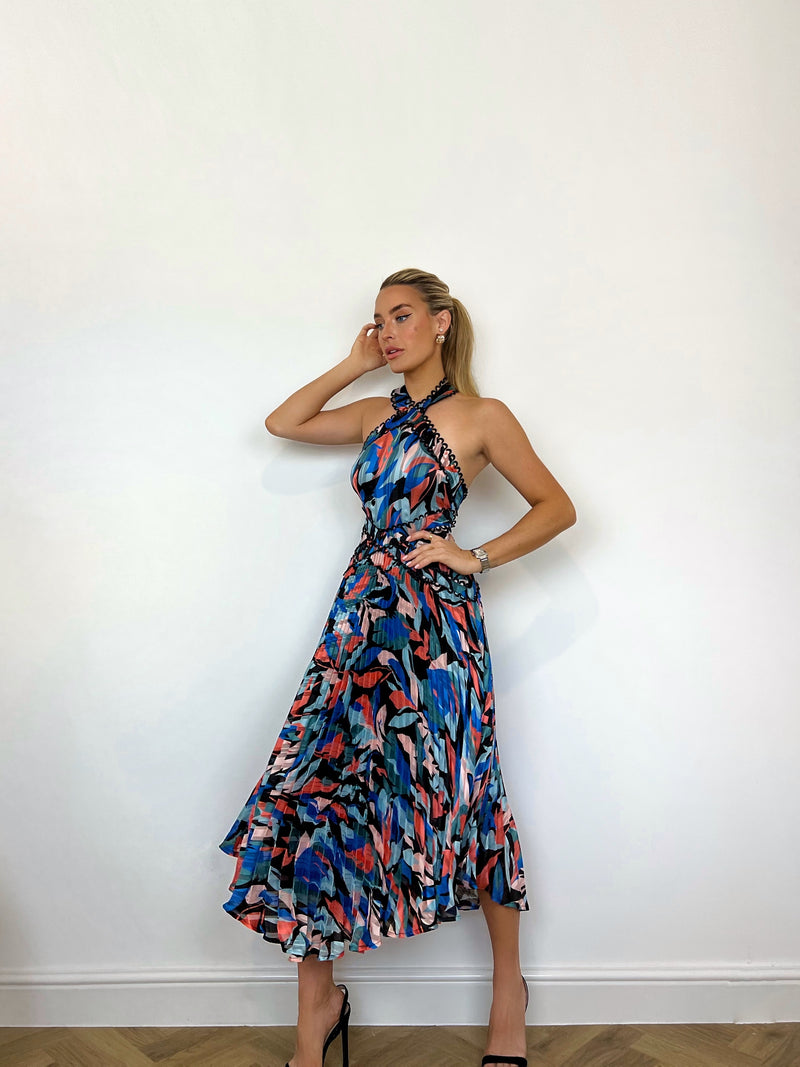 AURELIA PLEAT HALTERNECK MIDI - CORAL BLUE MULTI
