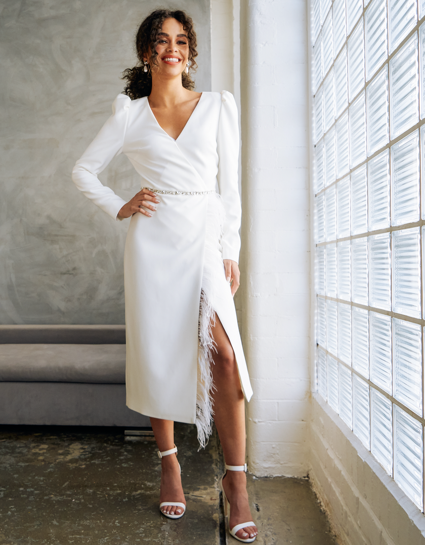 VIVIENNE FEATHER TRIM PUFF SHOULDER MIDI DRESS - IVORY