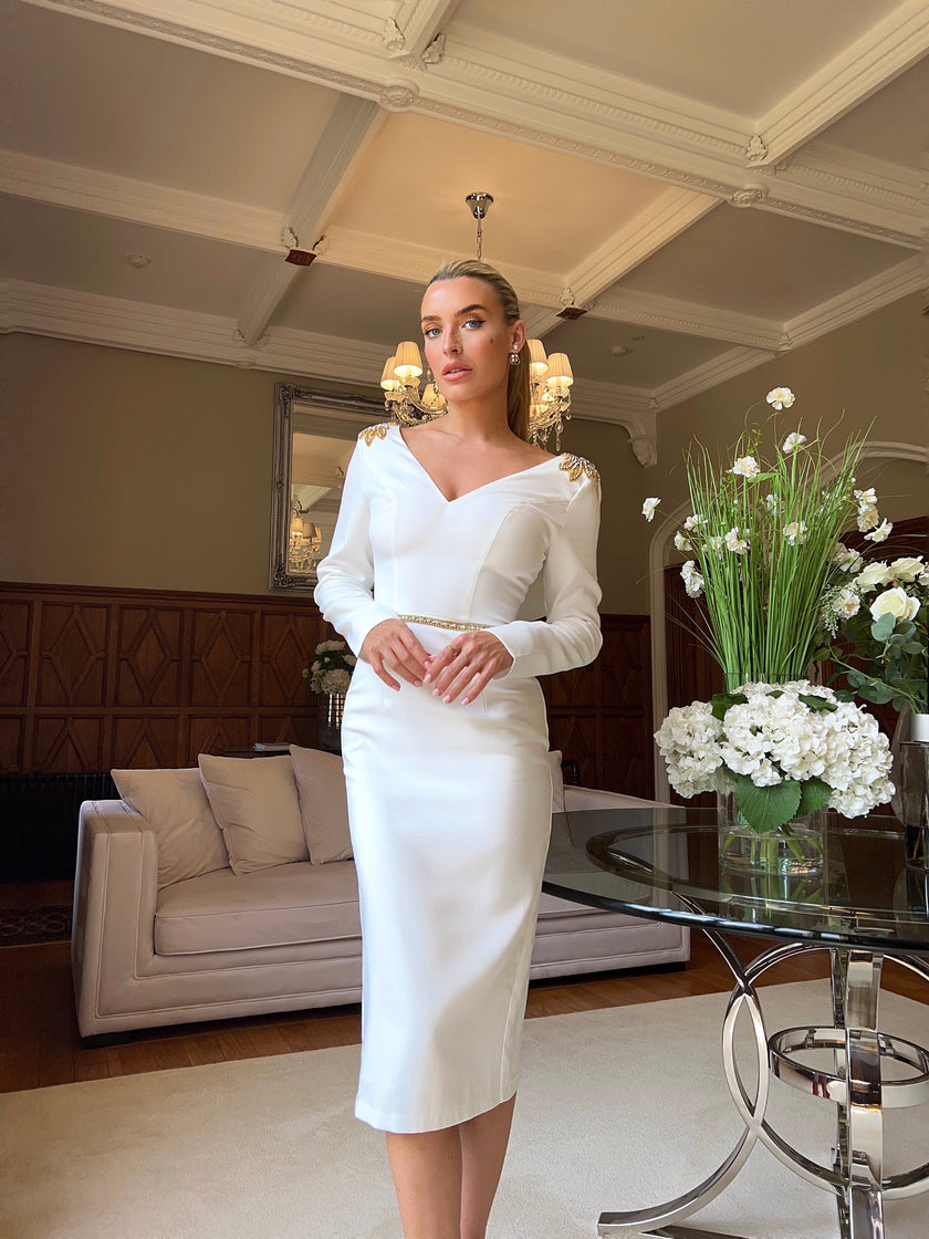 ASTERIA EMBELLISHED SHOULDER COWL BACK MIDI - IVORY