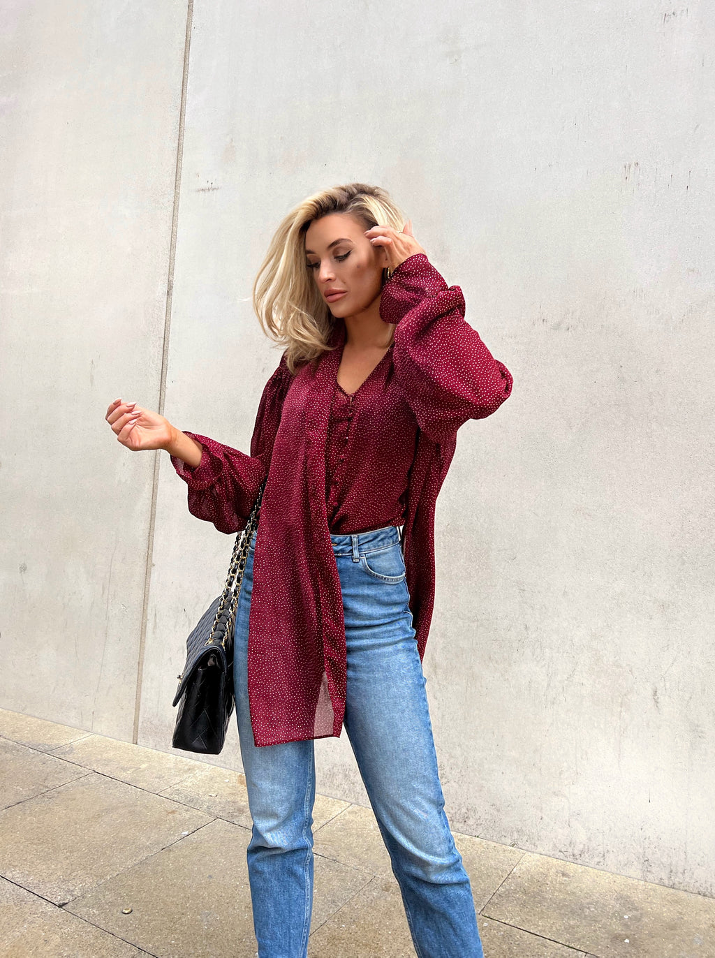 KATE POLKA DOT NECK TIE BLOUSE - OXBLOOD RED