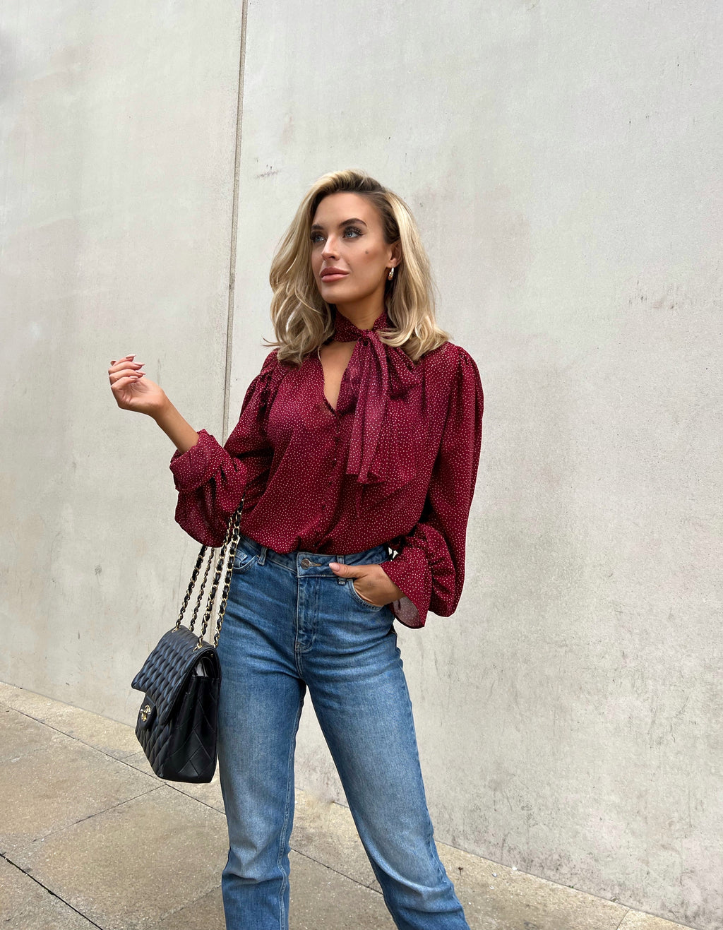 KATE POLKA DOT NECK TIE BLOUSE - OXBLOOD RED
