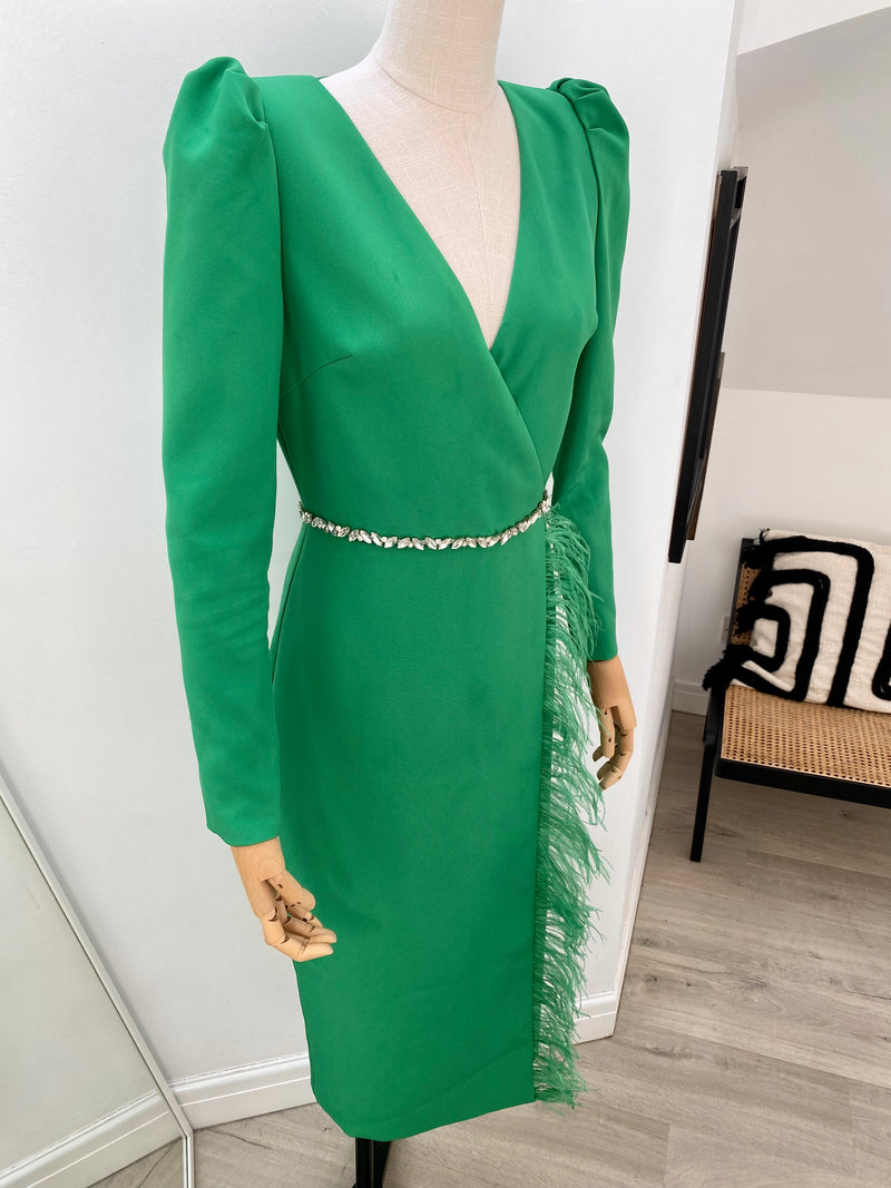 VIVIENNE FEATHER TRIM PUFF SHOULDER MIDI DRESS - EMERALD GREEN