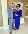 VIVIENNE FEATHER TRIM PUFF SHOULDER MIDI DRESS - ROYAL BLUE