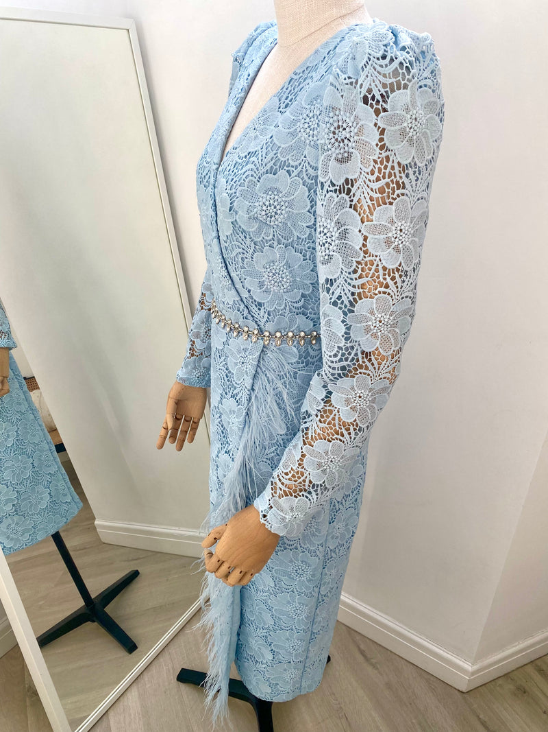 Dusty blue long 2025 sleeve lace bodycon dress