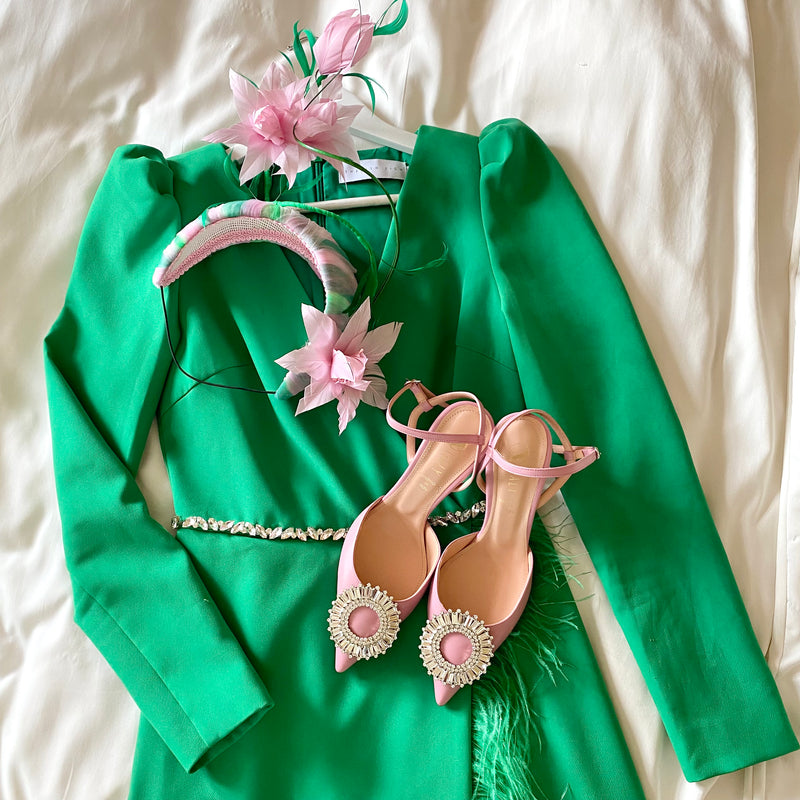 VIVIENNE FEATHER TRIM PUFF SHOULDER MIDI DRESS - EMERALD GREEN