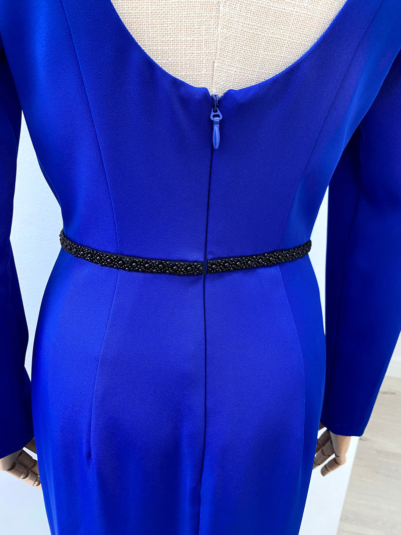 ATHENA EMBELLISHED SHOULDER COWL BACK MIDI DRESS