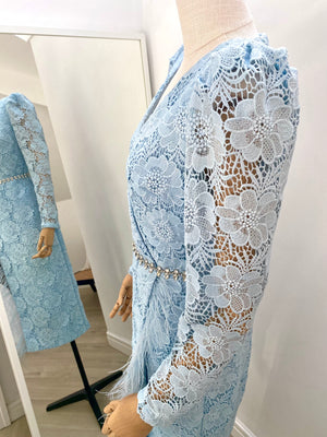 VIVIENNE FEATHER TRIM PUFF SHOULDER MIDI DRESS - PALE BLUE LACE