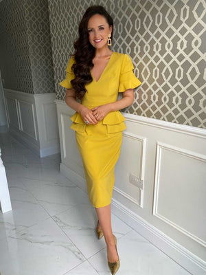 SAFFRON FRILL SLEEVE MIDI DRESS - GOLDEN YELLOW