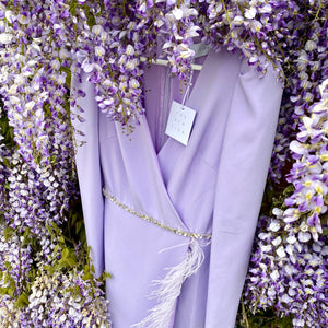VIVIENNE FEATHER TRIM PUFF SHOULDER MIDI DRESS - LILAC