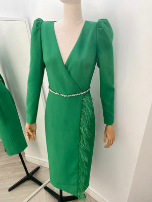 VIVIENNE FEATHER TRIM PUFF SHOULDER MIDI DRESS - EMERALD GREEN