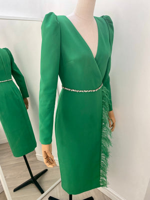 VIVIENNE FEATHER TRIM PUFF SHOULDER MIDI DRESS - EMERALD GREEN