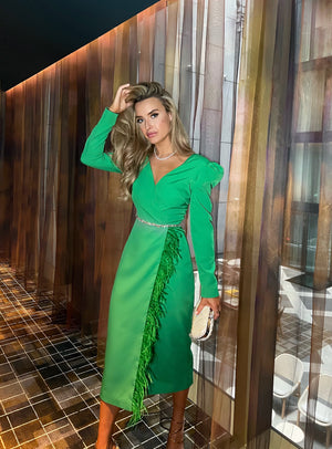 VIVIENNE FEATHER TRIM PUFF SHOULDER MIDI DRESS - EMERALD GREEN