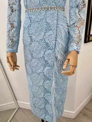 VIVIENNE FEATHER TRIM PUFF SHOULDER MIDI DRESS - PALE BLUE LACE