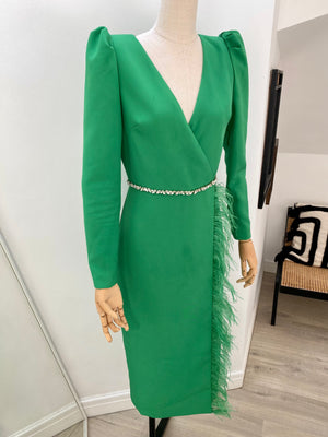 VIVIENNE FEATHER TRIM PUFF SHOULDER MIDI DRESS - EMERALD GREEN