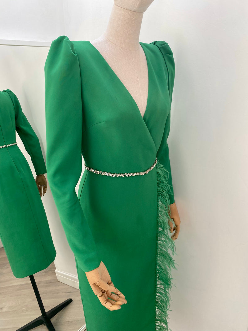 VIVIENNE FEATHER TRIM PUFF SHOULDER MIDI DRESS - EMERALD GREEN